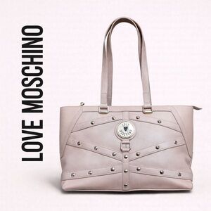 Love Moschino Large Studded Leather Tote Bag Pebbled Leather w Silver Hardware